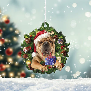 Shar Pei Christmas Wreath Shape Mica Plastic Ornament, Pet Lovers Gift, Christmas Ornament, Christmas Gift, Ornament Decoration, Ornament Christmas - TeeZworldVN