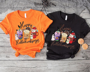 Hallothanksmas Coffee Shirt, Happy Hallothanksmas T-shirts, Funny Holiday Shirt, Family Matching Shirt, Happy Christmas Coffee Woman Shirt