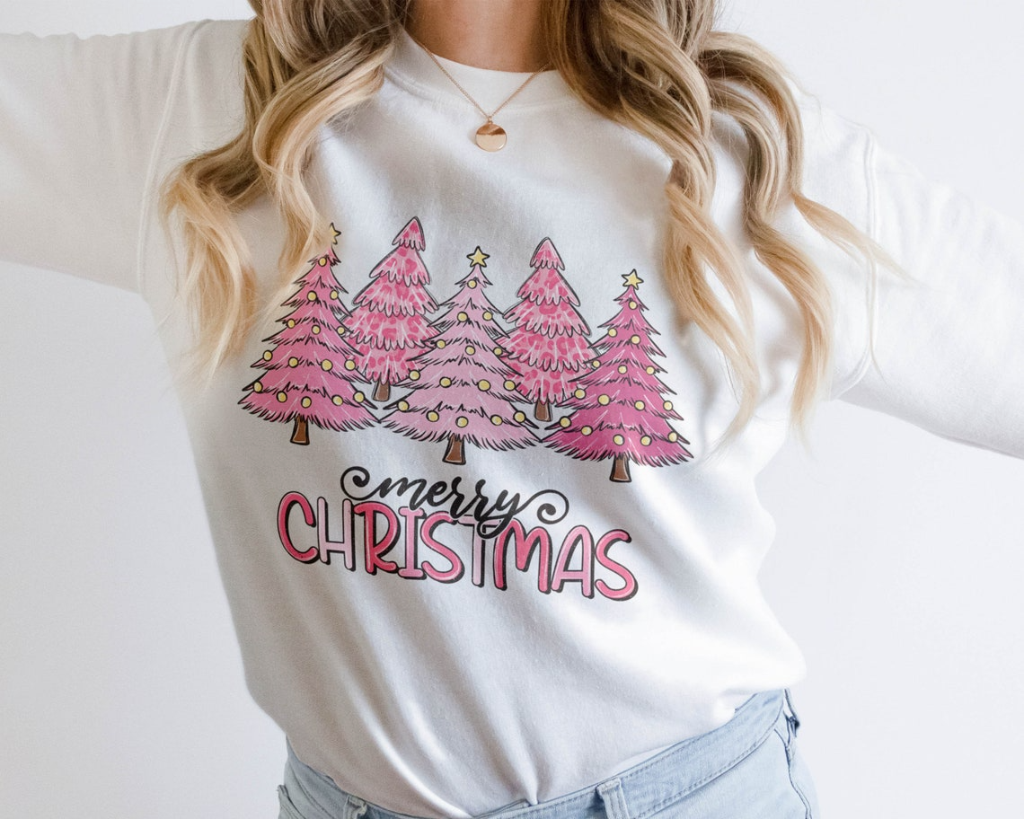 Pink Merry Christmas Christmas Tree Sweatshirt, Womens Christmas Sweater, Christmas Crewneck, Christmas Matching Shirts, Winter Sweatshirt, Gift For Christmas