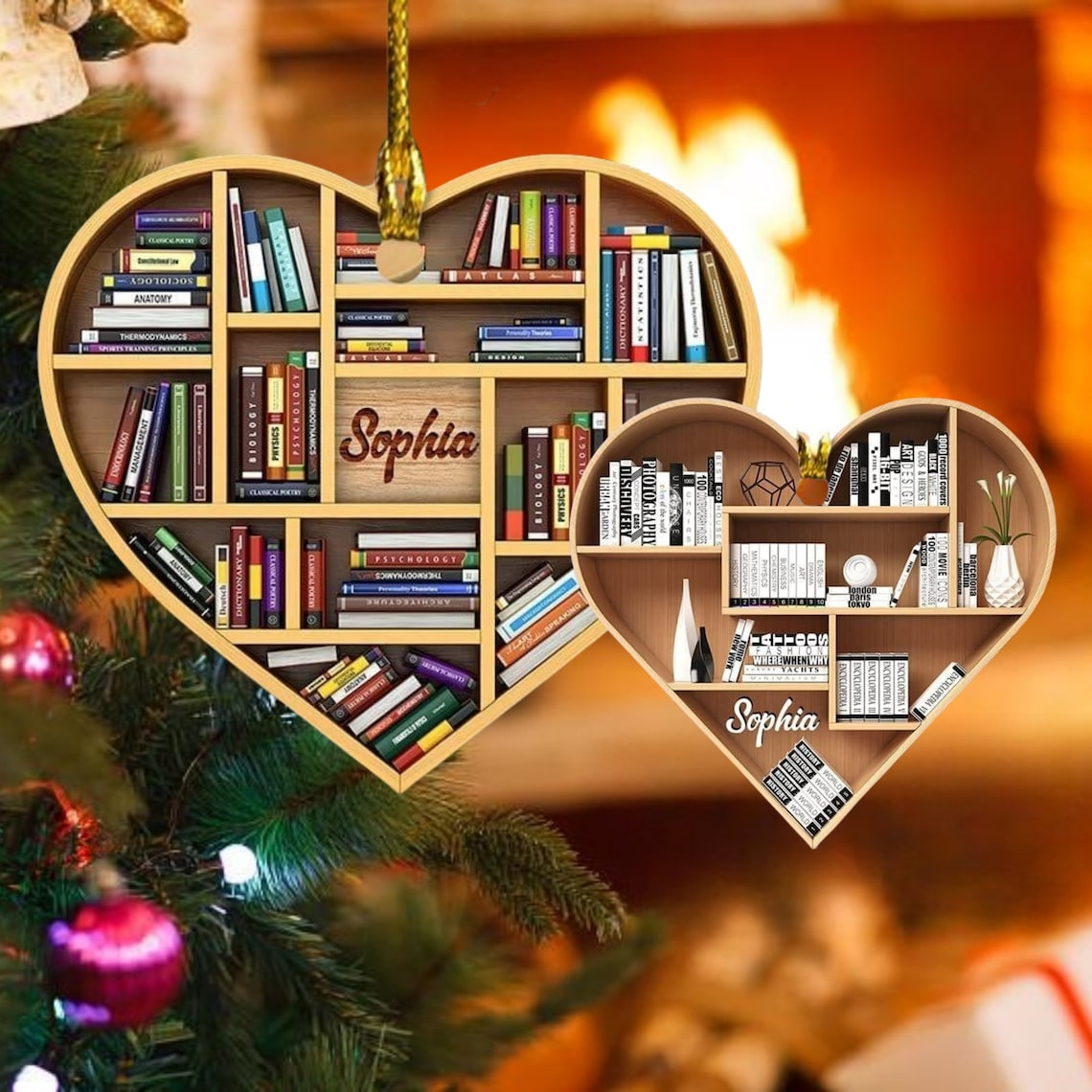 Christmas Tree Decoration -Book Lovers Gift - Librarian Ornament - Personalized Acrylic Ornament - Lover Bookworm - Bookshelf Custom Name