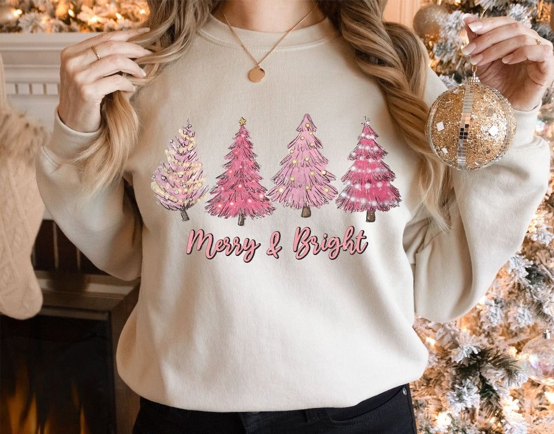 Retro Christmas Sweater Christmas, Christmas Tree Sweatshirt, Pink Santa T-shirt, Pink Christmas Tree T-shirt, Pink Christmas For Gift