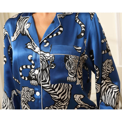 Womens 100% Silk Pajama Set Bold Tiger Print Sleepwear Silk Set