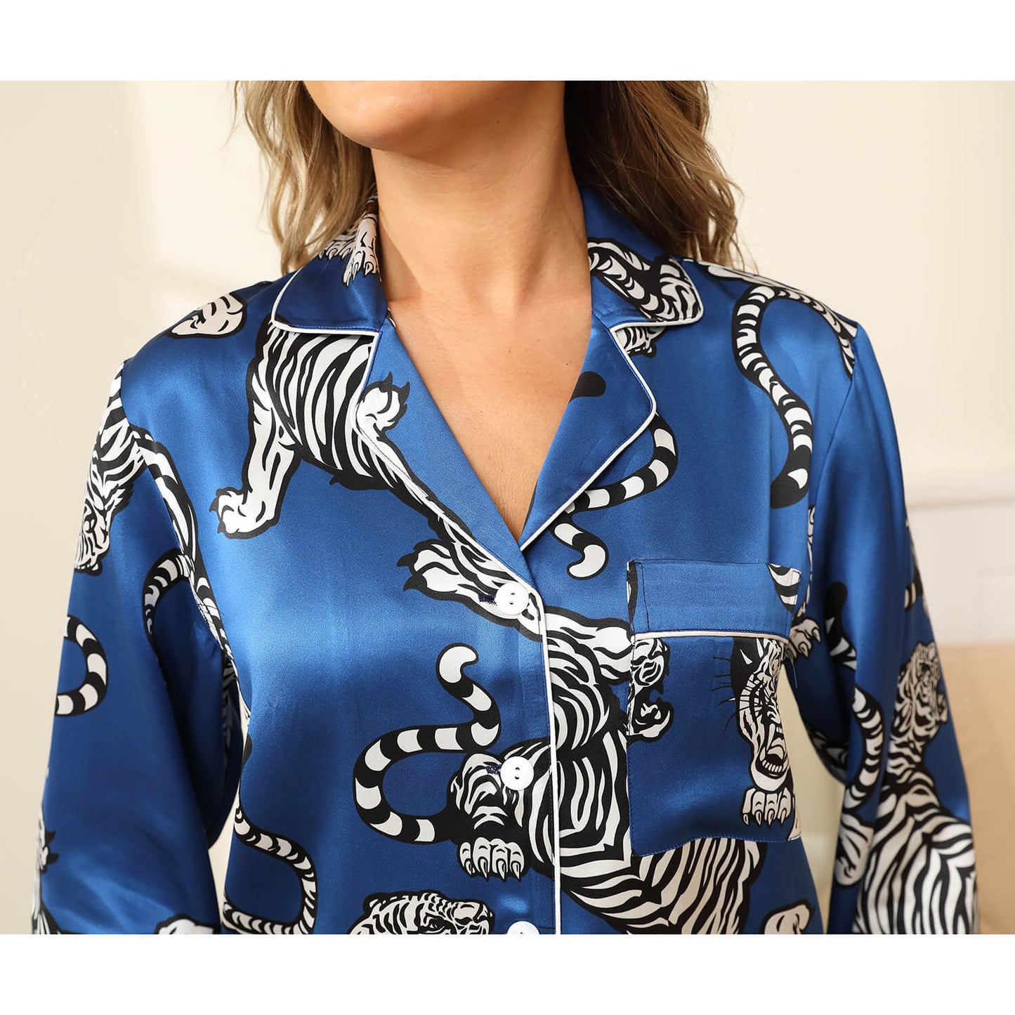 Womens 100% Silk Pajama Set Bold Tiger Print Sleepwear Silk Set