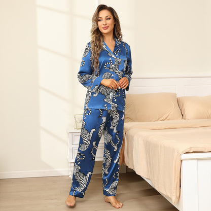 Womens 100% Silk Pajama Set Bold Tiger Print Sleepwear Silk Set