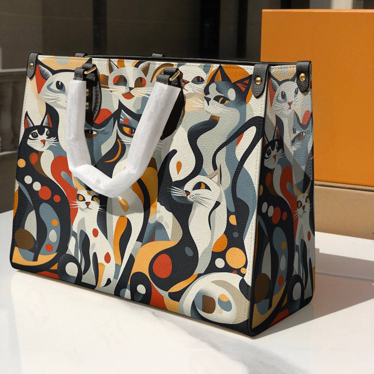 Cat Leather Bag Whimsical Geometric