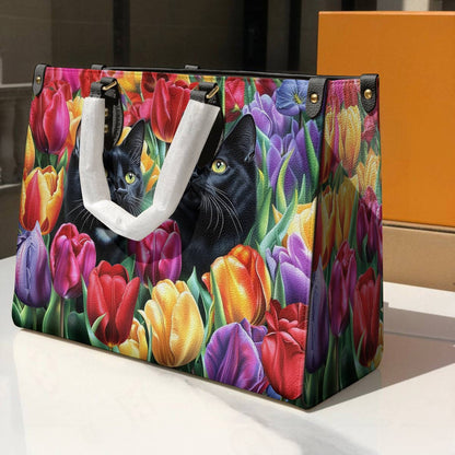Leather Bag Enchanted Black Cats In The Tulip Garden