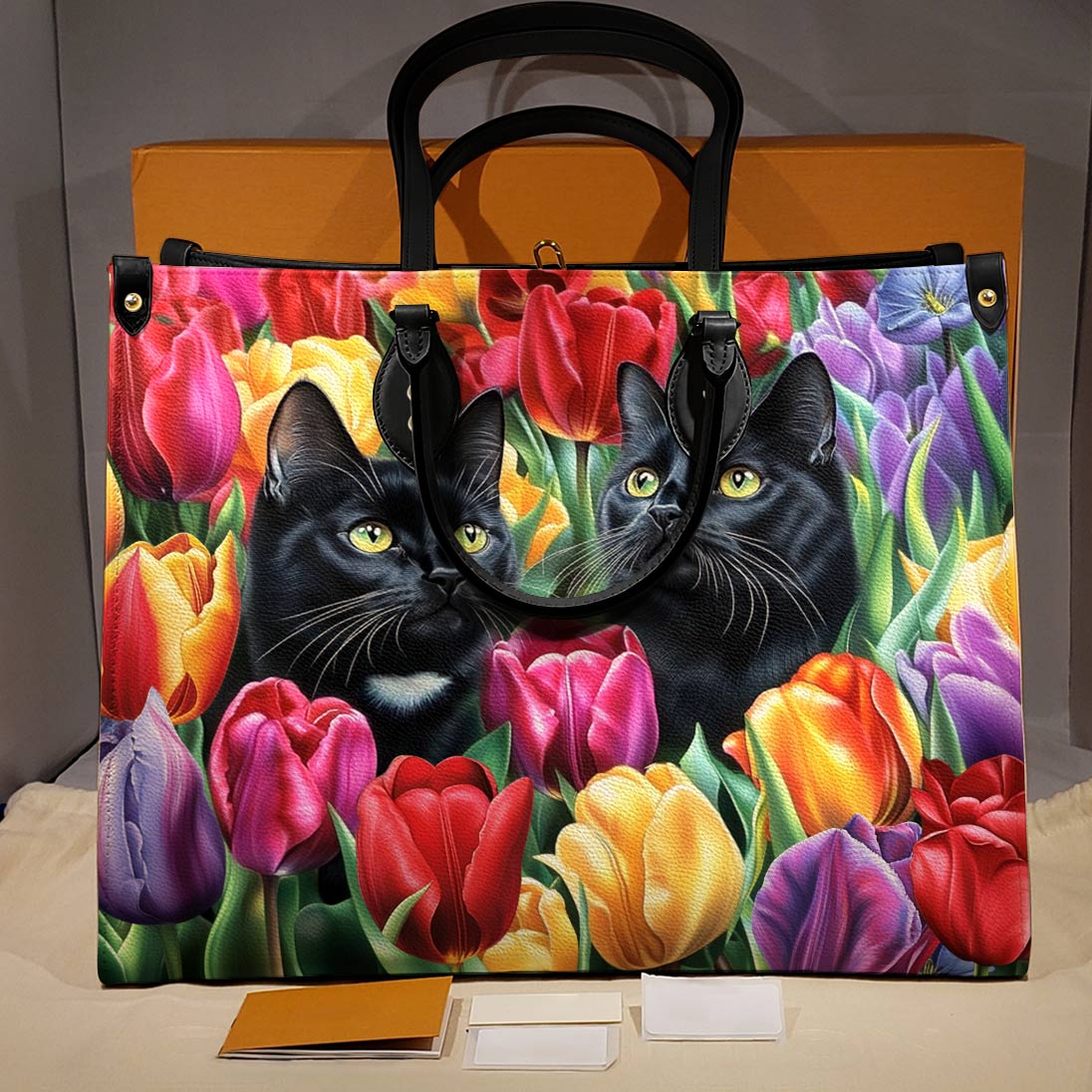 Leather Bag Enchanted Black Cats In The Tulip Garden