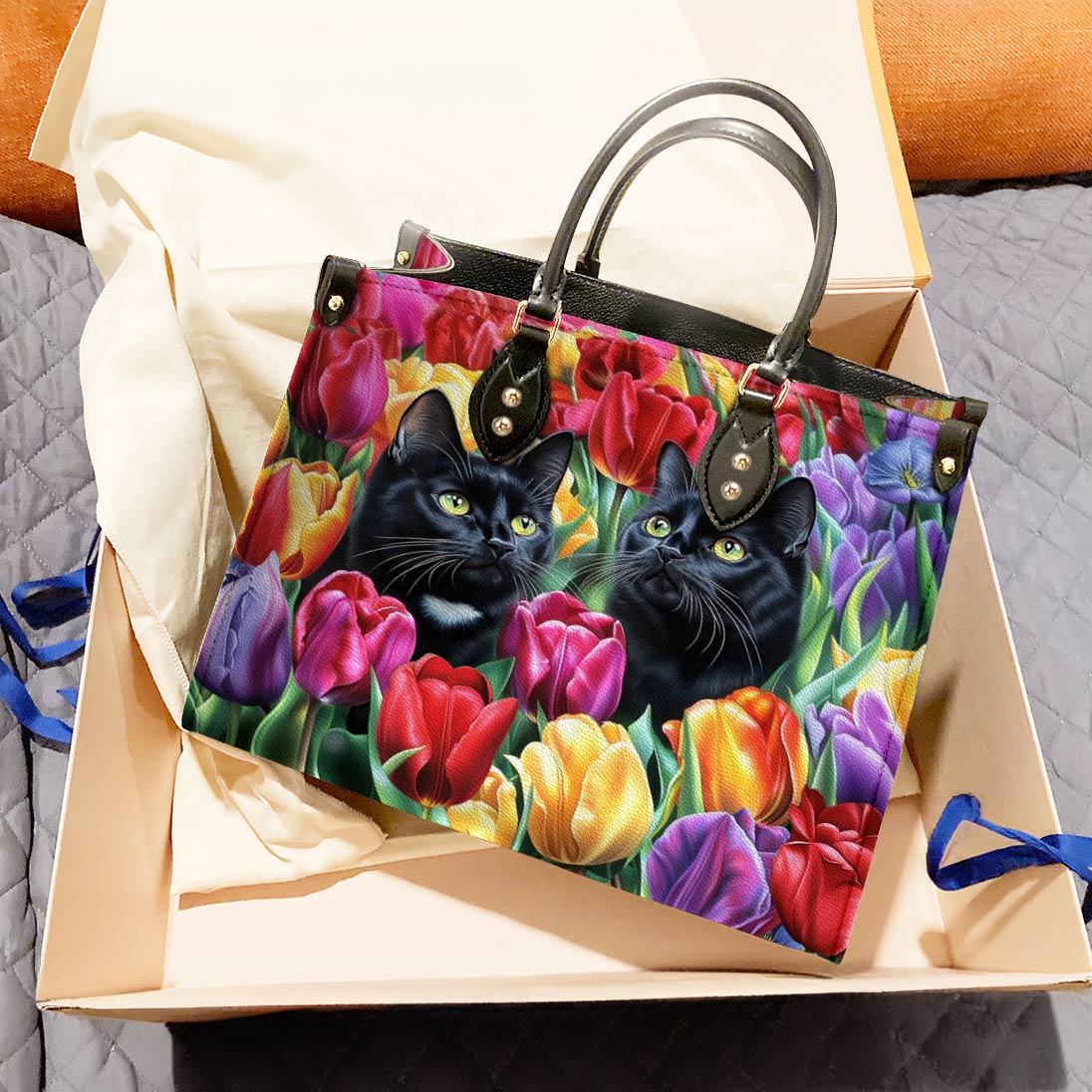 Leather Bag Enchanted Black Cats In The Tulip Garden