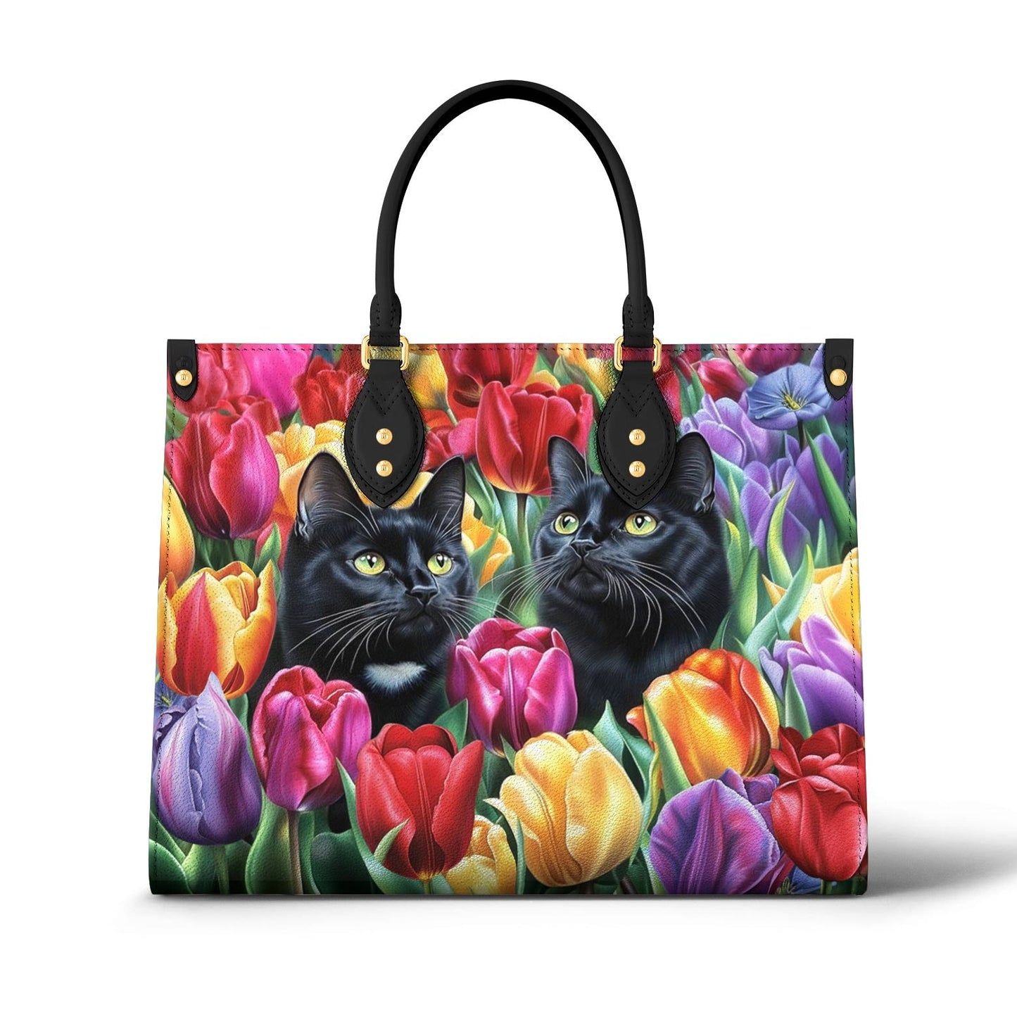 Leather Bag Enchanted Black Cats In The Tulip Garden