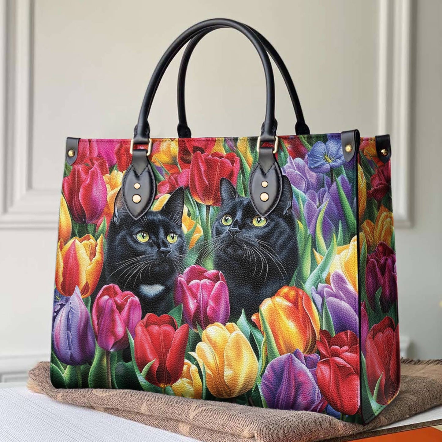Leather Bag Enchanted Black Cats In The Tulip Garden