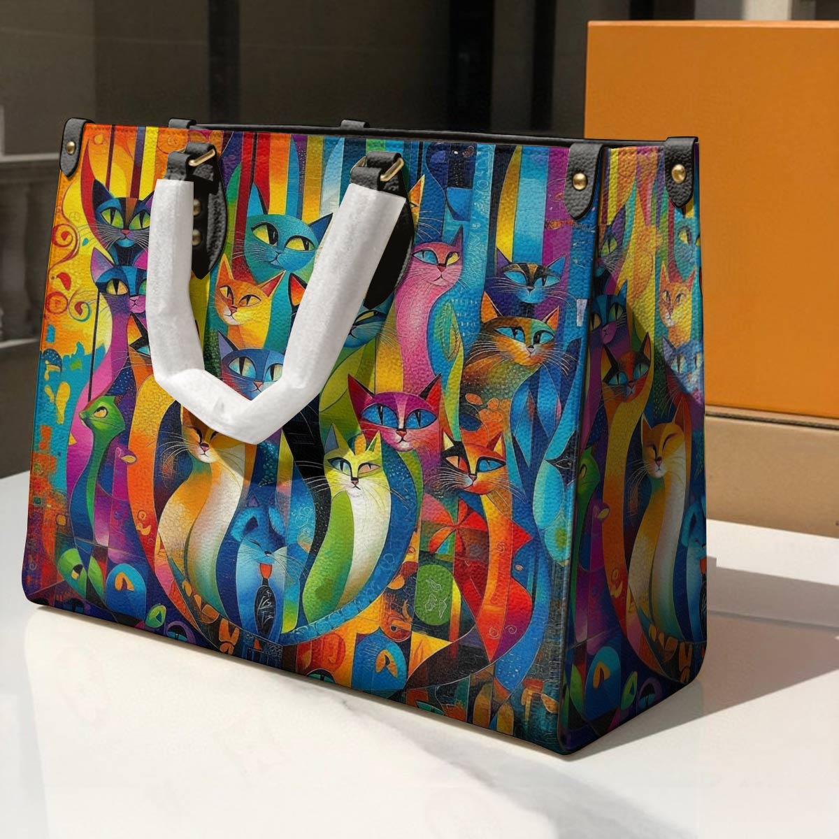 Cat Leather Bag Rainbow Geometric
