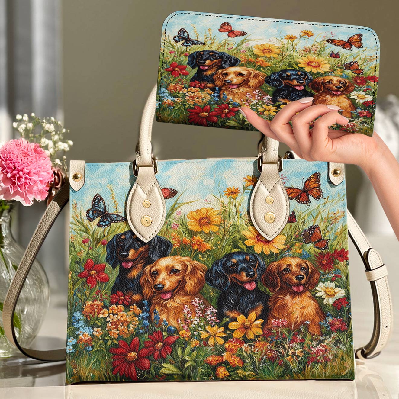 Leather Bag Beautiful Flowers Dachshund