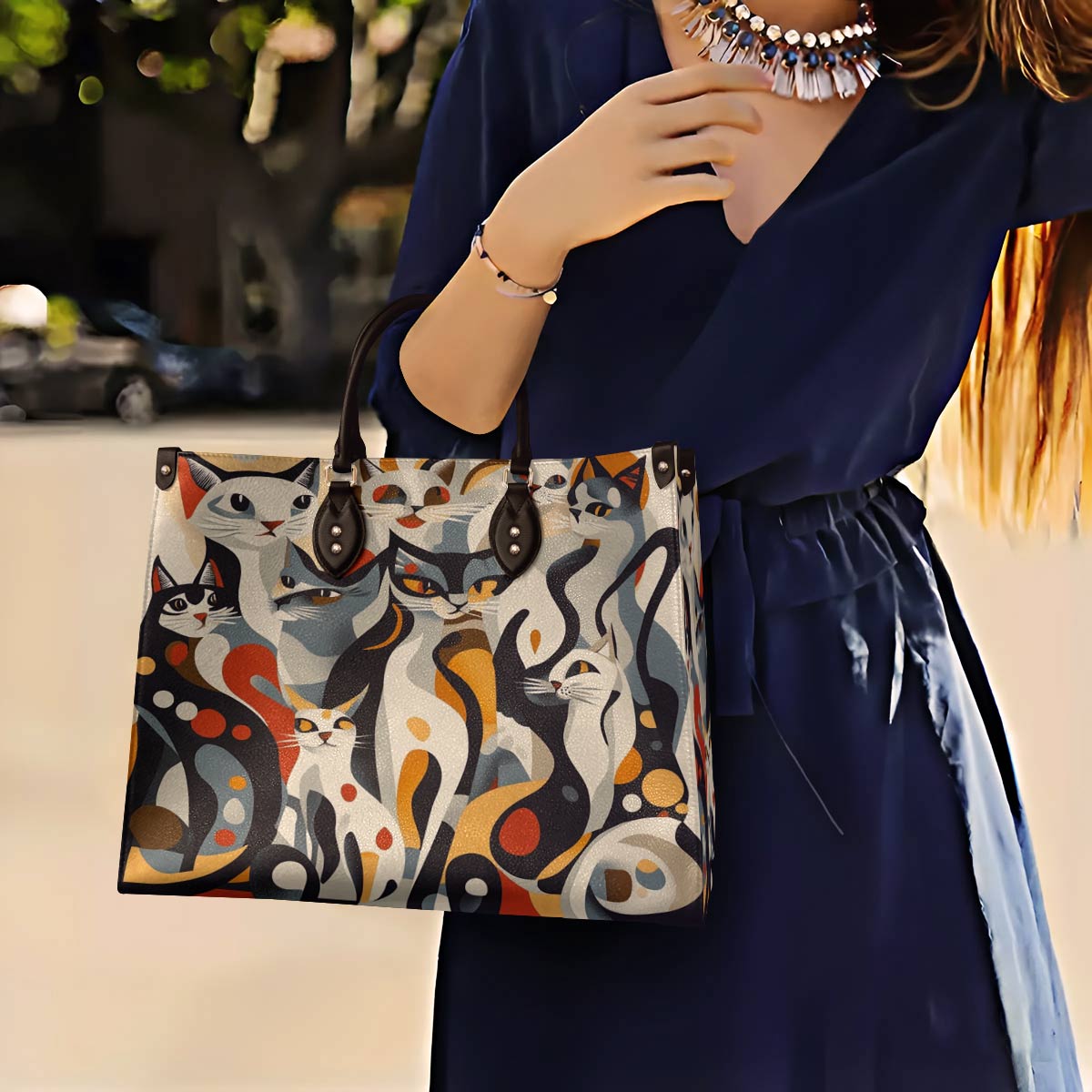 Cat Leather Bag Whimsical Geometric