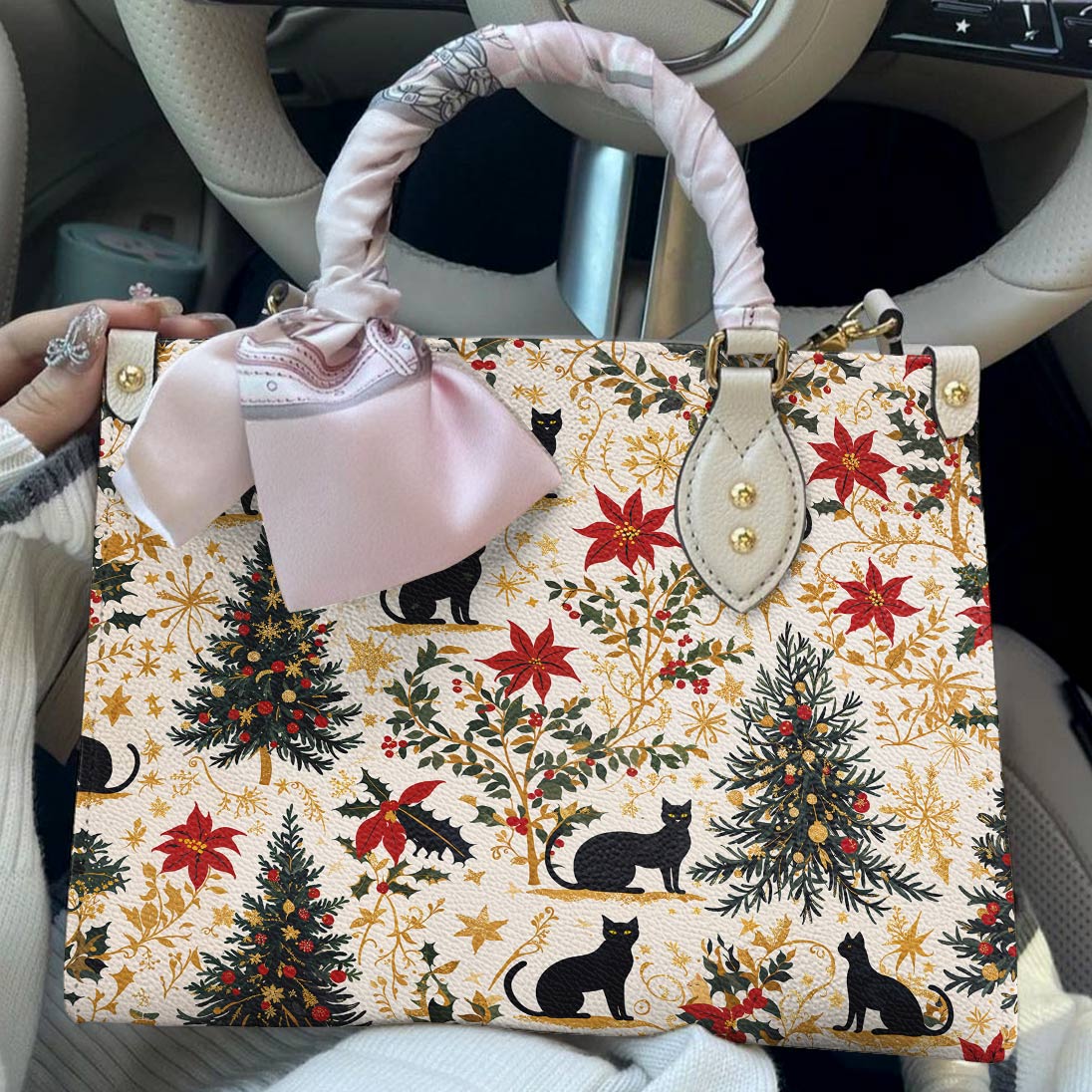 Leather Bag Gentle Black Christmas Cat