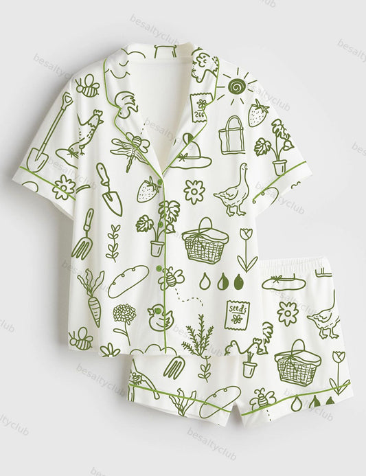 Garden Cottage Cottagecore Gardening Floral Bees Tools Animals Plant Flowers Trees Short Sleeve Satin Pajama Set