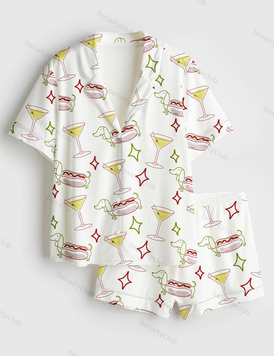 Dachshund Weenies And Tinis Bachelorette Or Birthday Hot Dogs And Martinis Print Short Sleeve Satin Pajama Set