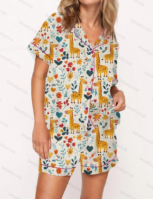Floral Giraffes Print Satin Pajama Short Set