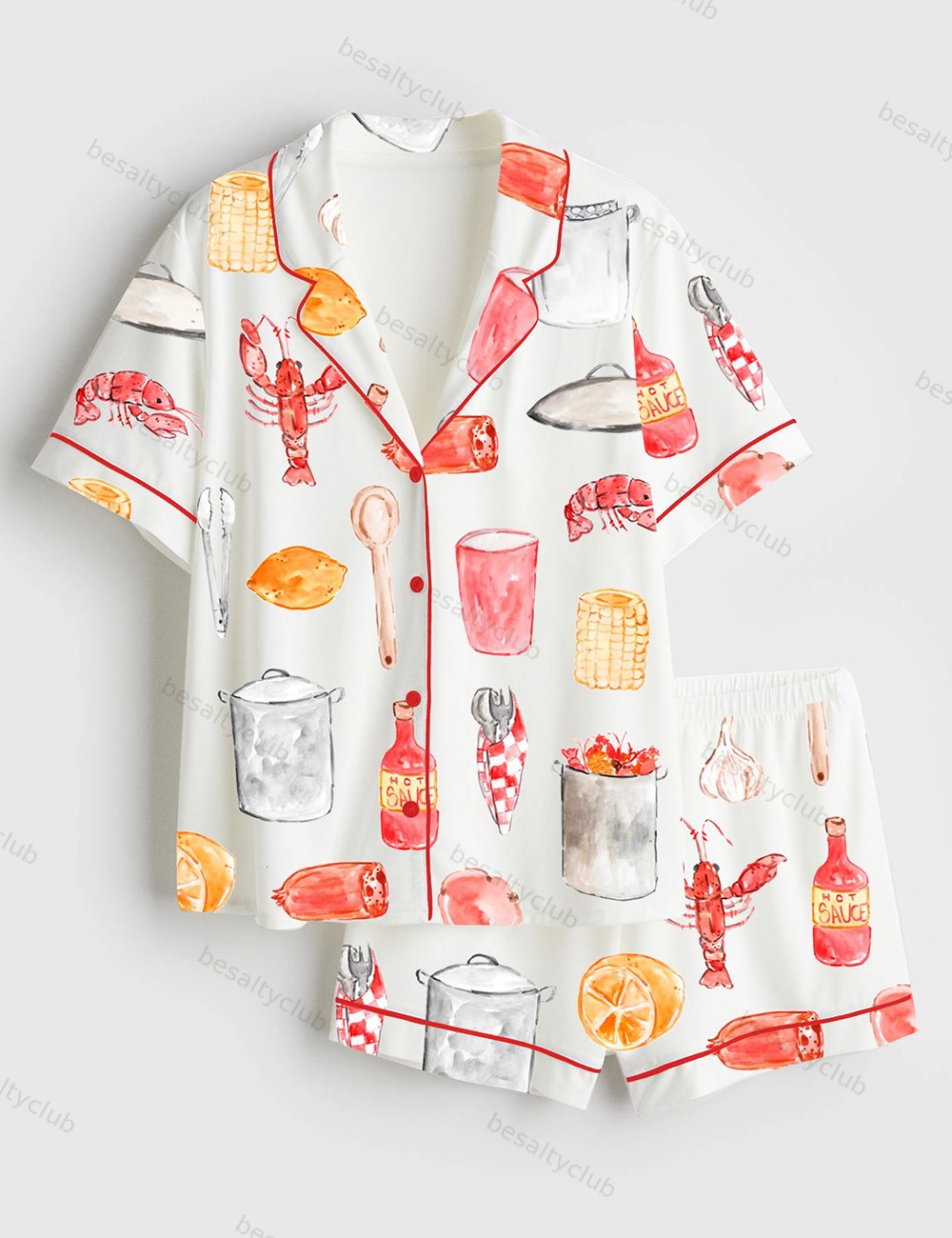 Crawfish Boil Watercolor Summer Seafood Print Short Sleeve Satin Pajama Set