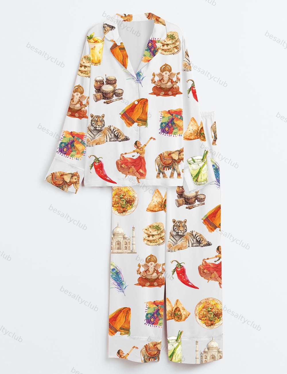 India Country Travel Long Sleeve Satin Pajama Set