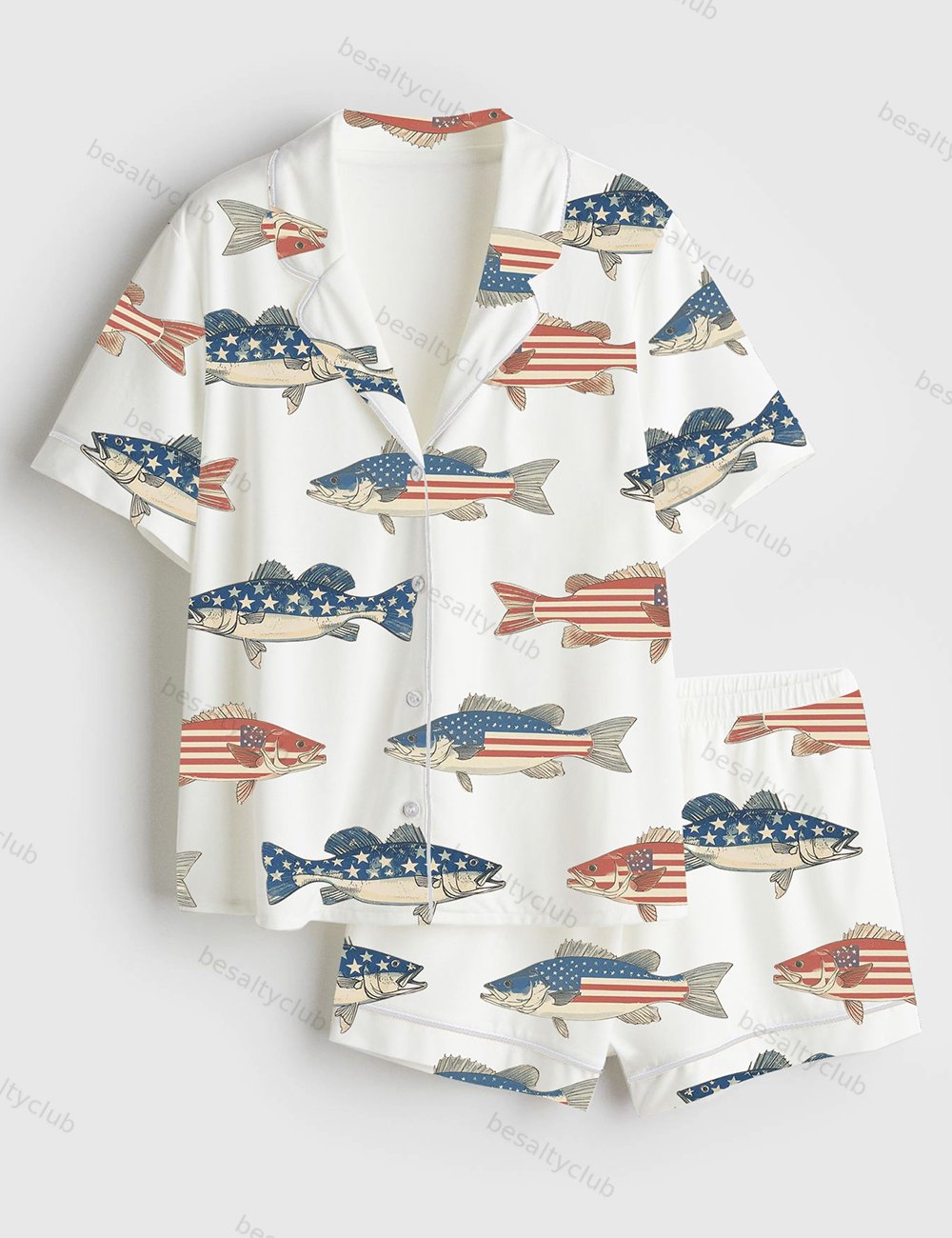 Patriotic Bass Fishing 4th Of July American Flag Independence Day Short Sleeve Satin Pajama Set