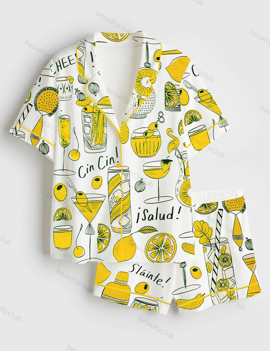 Cocktail Party Cheers Salud Short Sleeve Satin Pajama Set
