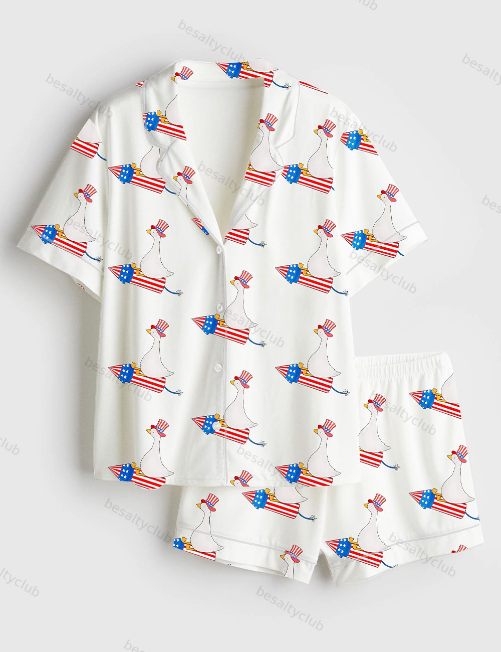 Funny 4th Of July Funny Goose Independence Day  USA Patriotic Firequacker Print Short Sleeve Satin Pajama Set