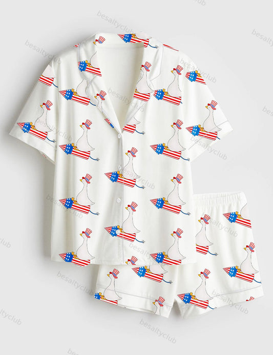 Funny 4th Of July Funny Goose Independence Day  USA Patriotic Firequacker Print Short Sleeve Satin Pajama Set