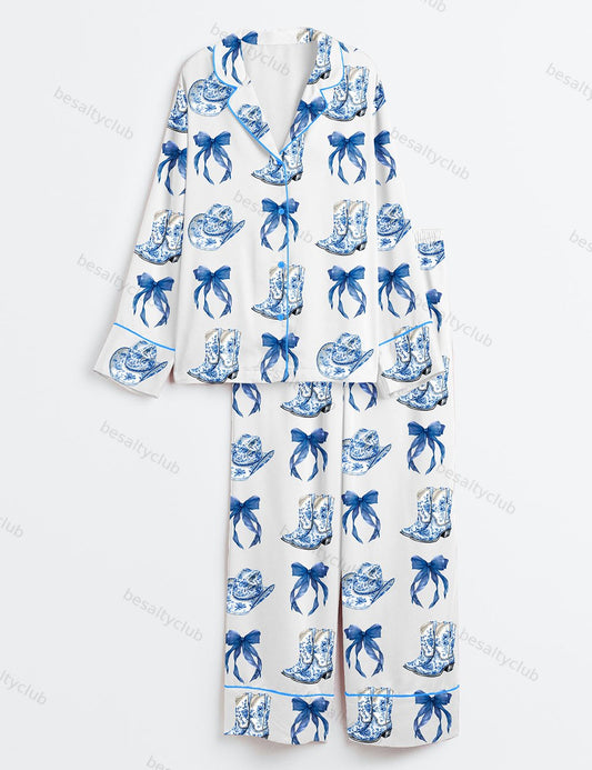 Blue Chinoiserie Cowgirl Blue Toile Bow & Boots Blue And White Western Long Sleeve Satin Pajama Set