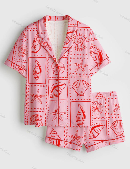 Repetitive Pink Seashells Summer Preppy Print Short Sleeve Satin Pajama Set
