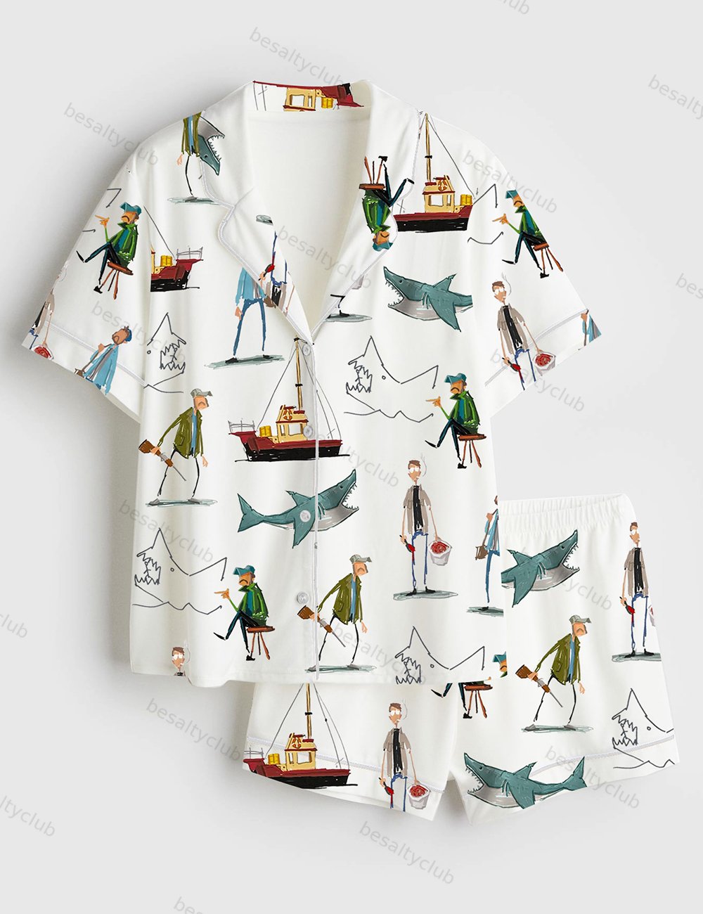Shark Movie Amity Island Sea Travel Short Sleeve Satin Pajama Set
