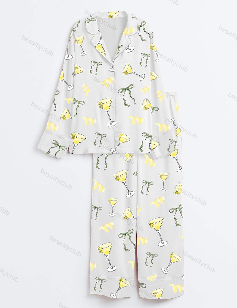 Coquette Bow Lemon Drop Martini Long Sleeve Satin Pajama Set