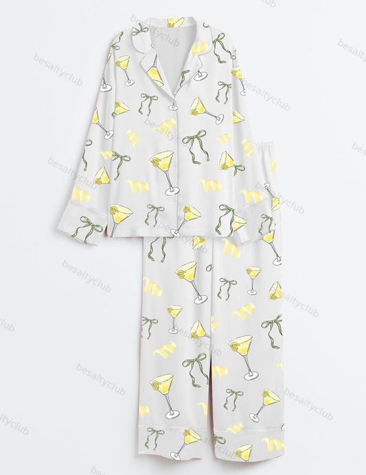 Coquette Bow Lemon Drop Martini Long Sleeve Satin Pajama Set