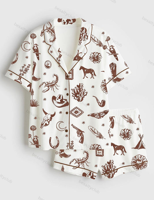 Bohemian Folktales Western Art Short Sleeve Satin Pajama Set