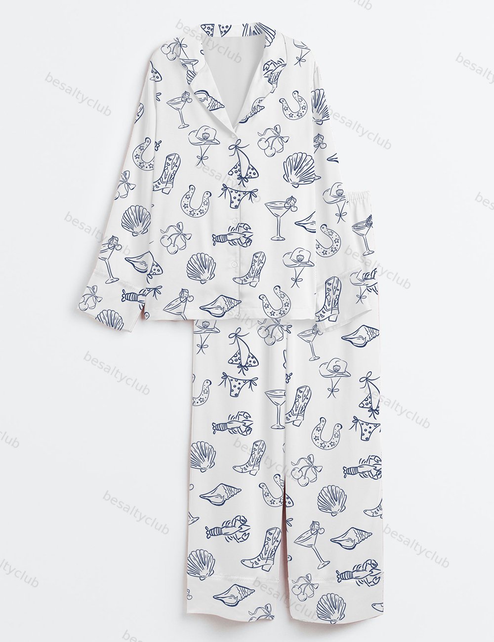 Women's Vintage Coastal Cowgirl Retro Western Seaside Summer Long Sleeve Satin Pajama Set