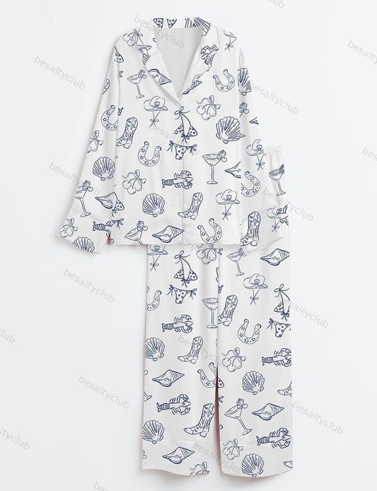 Women's Vintage Coastal Cowgirl Retro Western Seaside Summer Long Sleeve Satin Pajama Set