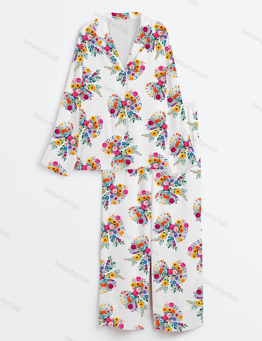 Wildflower Coquette Bow Flower Bow Floral Spring  Summer SunFlower Print Long Sleeve Satin Pajama Set