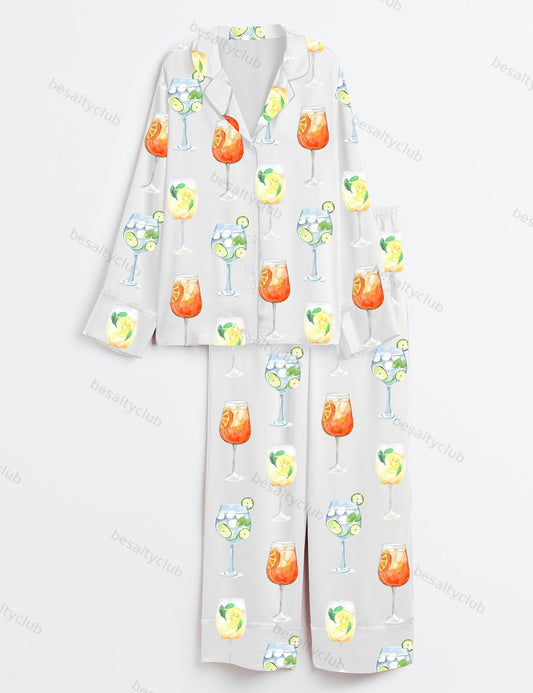 Aperol Spritz Limoncello Hugo Spritz Cocktail Long Sleeve Satin Pajama Set