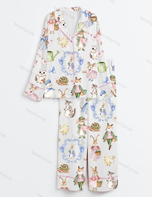 Vintage Bunnies Cottagecore Rabbits Cute Easter Watercolor Spring Print Long Sleeve Satin Pajama Set