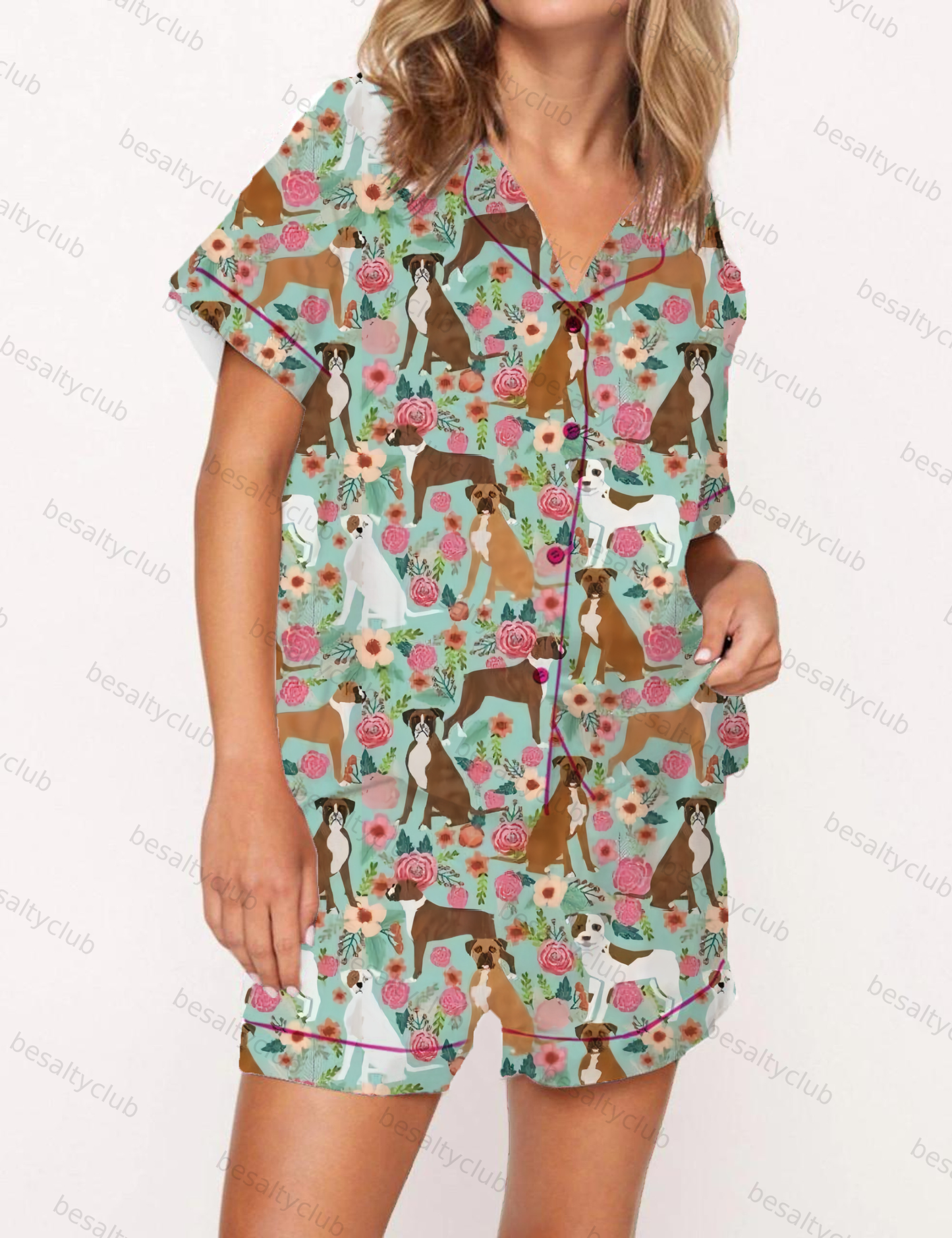 Floral Dog Print Satin Pajama Short Set