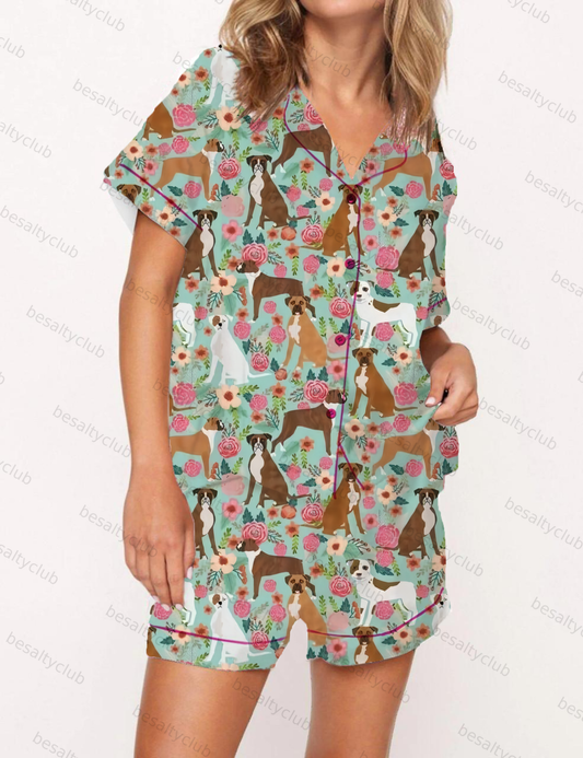 Floral Dog Print Satin Pajama Short Set