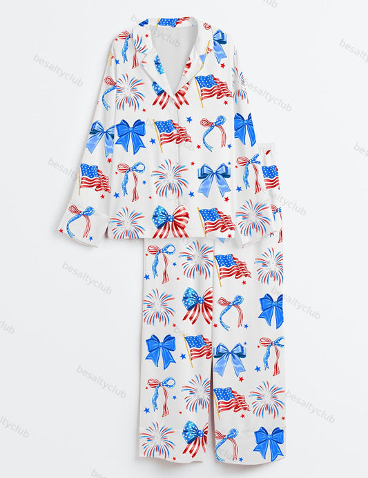 4th Of July Coquette Bow USA Flag Red And White Blue Coquette Long Sleeve Satin Pajama Set