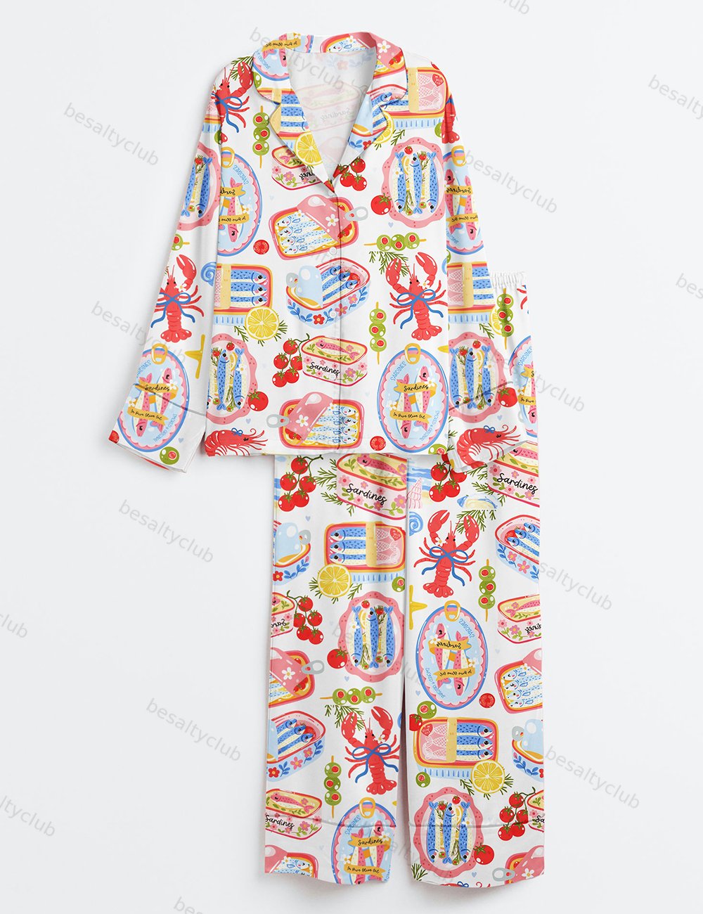 Fisherman Aesthetic Sardines Cute Sardines Can Girly Summer Tinned Fish Coastal Nautical Summer Ocean Beach Vibes Print Long Sleeve Satin Pajama Set