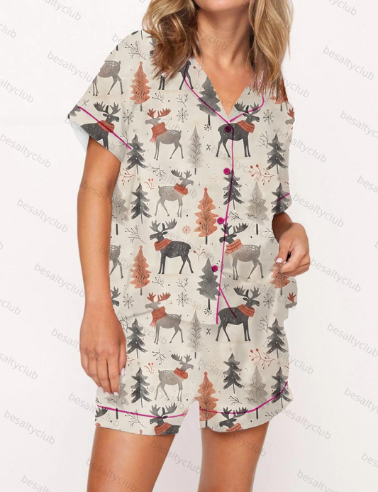 Moose Print Satin Pajama Short Set