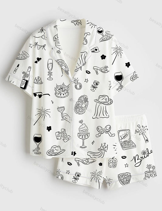Hand Drawn Bachelorette Doodle Whimsical Handdrawn Girls Night Bach Party Short Sleeve Satin Pajama Set