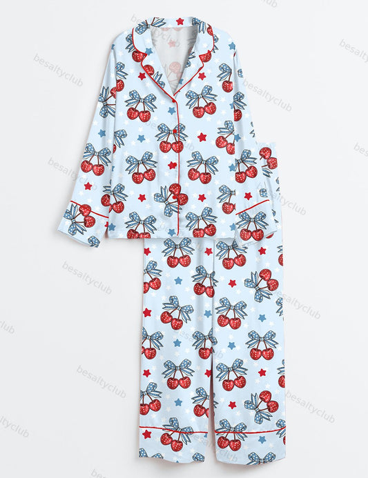 Patriotic 4th Of July Cherry Coquette Bow Print Long Sleeve Satin Pajama Set