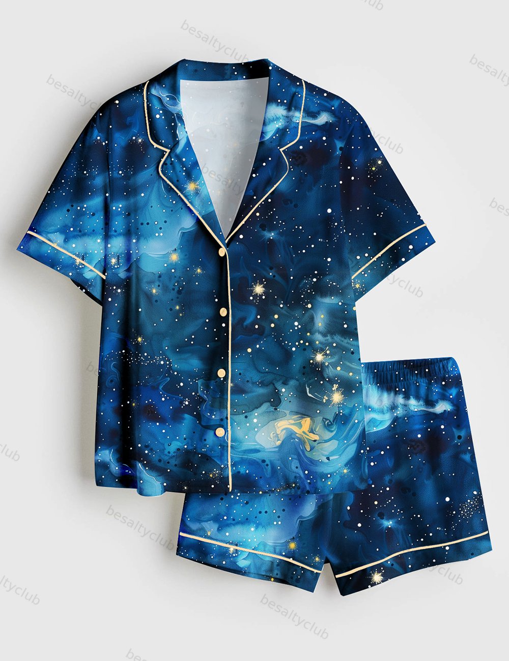 Starry Night Sky Stars And Moons Short Sleeve Satin Pajama Set