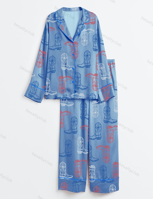 Red White Blue Cowgirl Boots Western 4th Of July Print Long Sleeve Satin Pajama Set