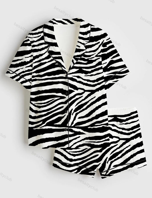 Zebra Print Short Sleeve Satin Pajama Set