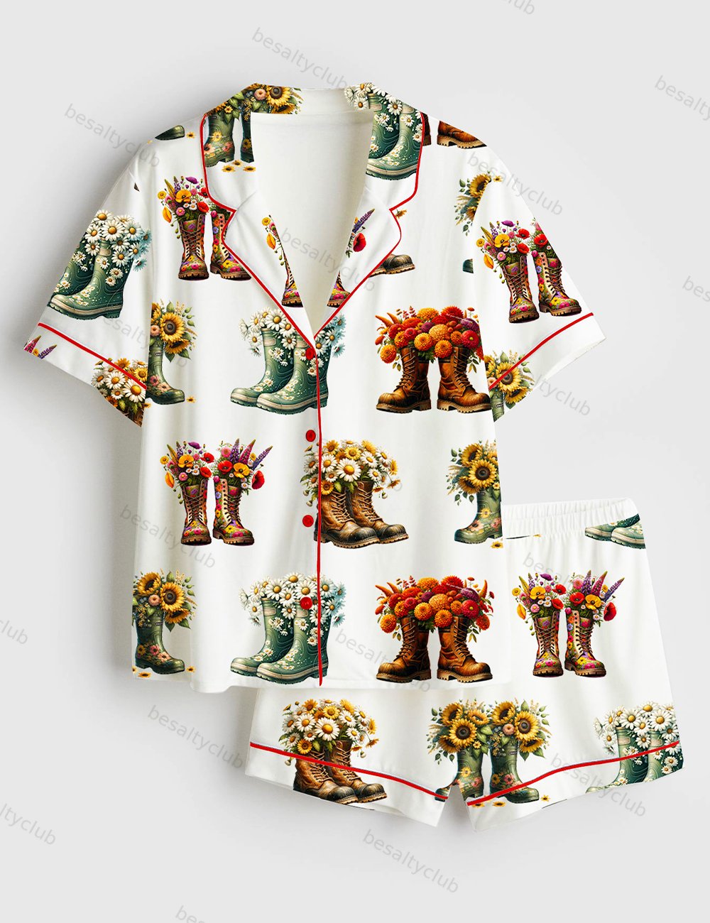 Spring Flowers Garden Boots Short Sleeve Satin Pajama Set