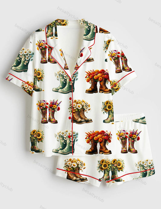 Spring Flowers Garden Boots Short Sleeve Satin Pajama Set
